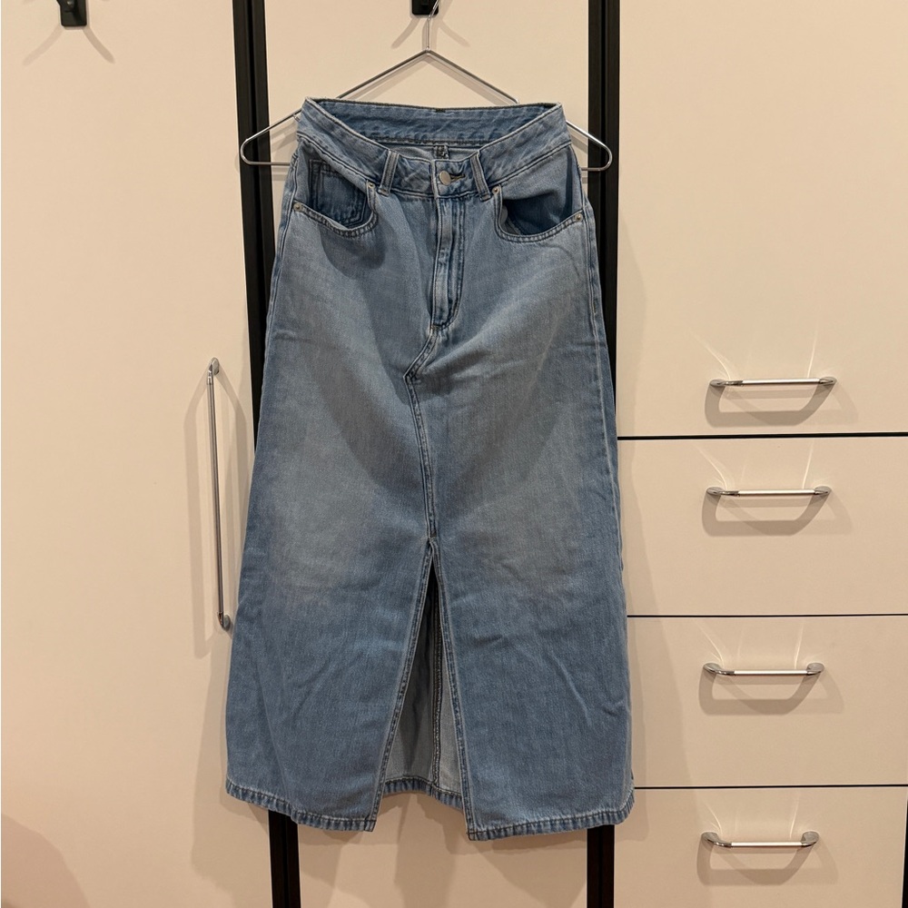 Light Blue Denim Maxi Skirt with Front Slit